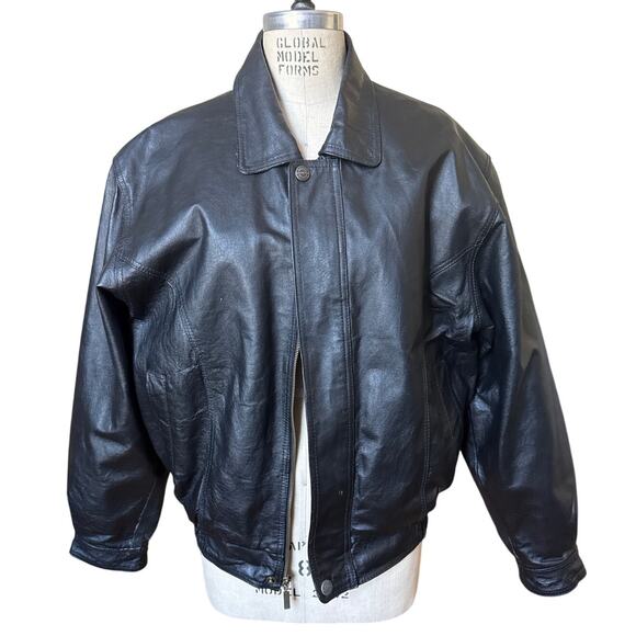 Men's y2k Leather Bomber Jacket in Black Size Medium - Picture 1 of 6